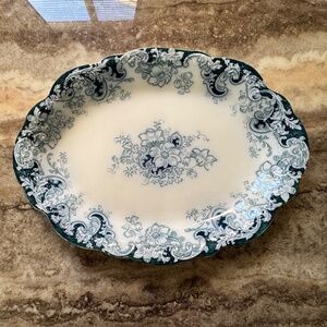 Antique Alfred Meakin Flow Dark Turquoise/Green & White Floral Ormonde Platter